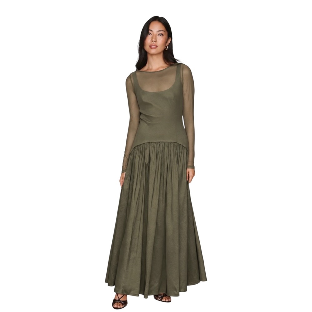 NEW Hutch Susanne Olive Green Sheer Mesh Drop-Waist Maxi Dress — Size 2